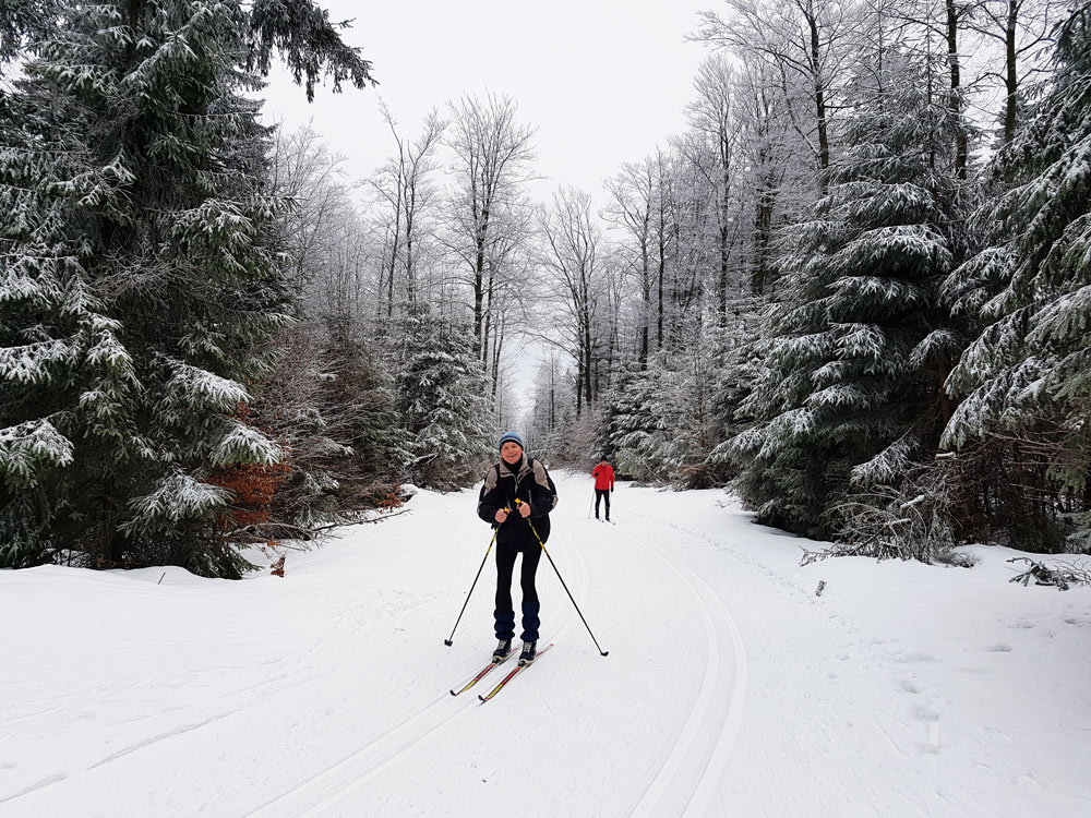 Auf dem Taufstein-Gletscher im Vogelsberg skifahren Skigebiet, Ski, Schnee, Skifahren in Vogelsberg, Hessen Deutschland,