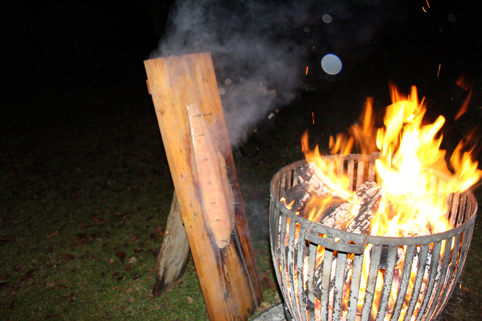 Flammlachs am Feuerkorb im Garten